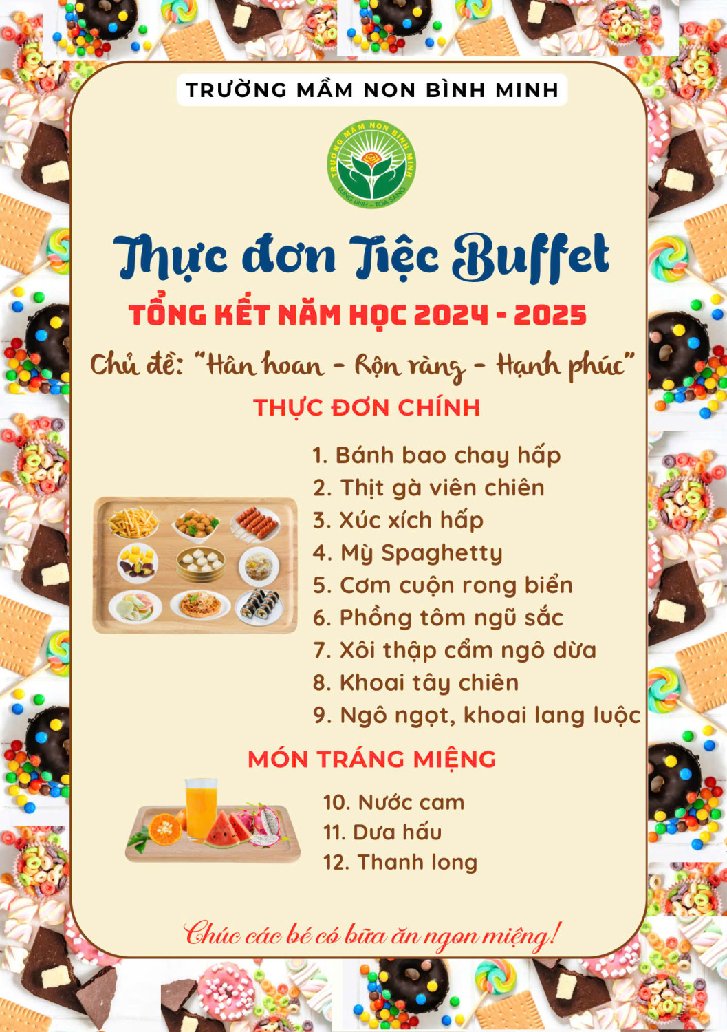 Thực đơn tiệc Buffet tổng kết năm học 2024 2025