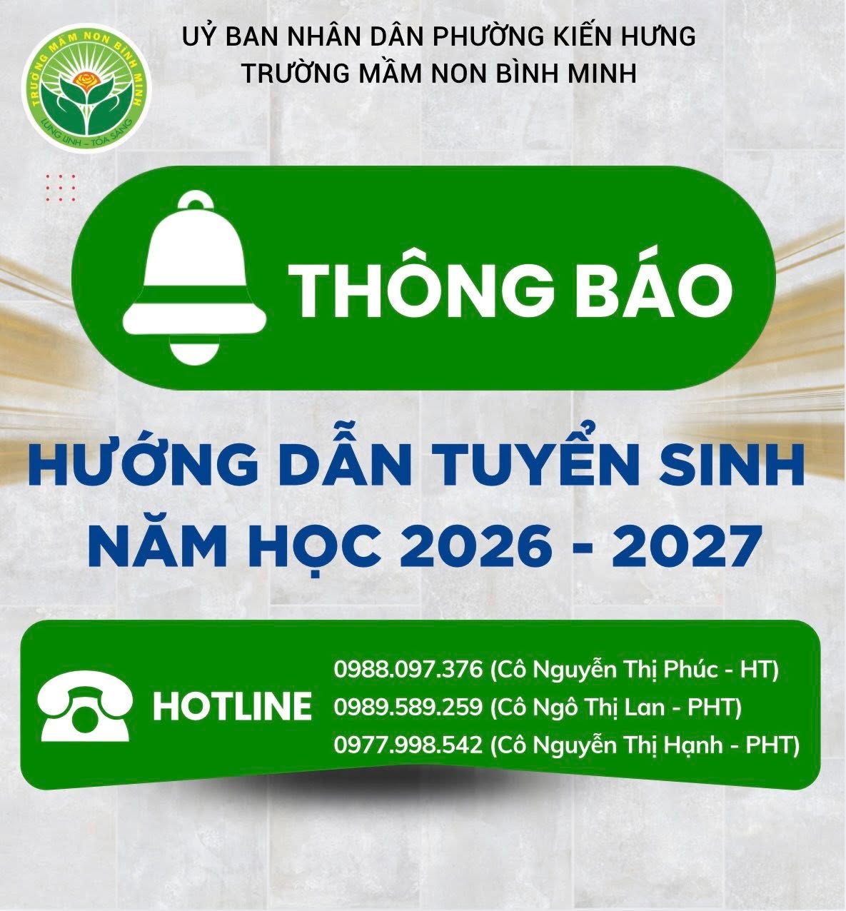 TRƯỜNG MẦM NON BÌNH MINH THÔNG BÁO TUYỂN SINH NĂM HỌC 2026 – 2027
